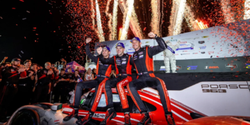 Matt Campbell (AUS), Laurens Vanthoor (BEL), Kévin Estre (FRA) (l-r), Porsche Penske Motorsport (#6), IMSA WeatherTech SportsCar Championship, Race 11, Braselton, USA, 2026, Porsche AG