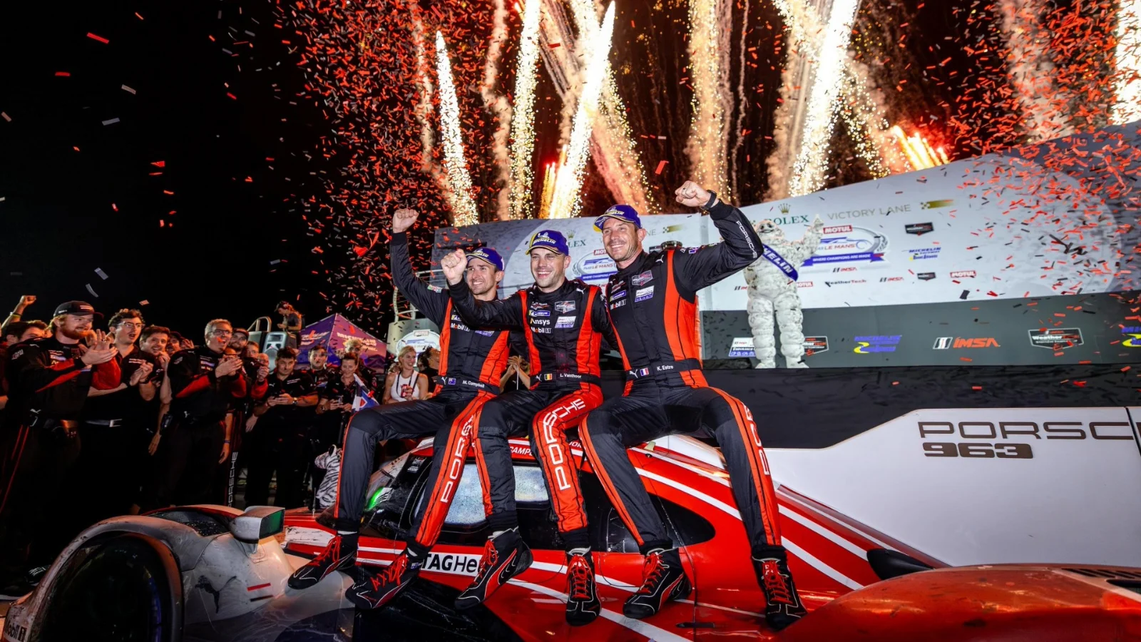 Matt Campbell (AUS), Laurens Vanthoor (BEL), Kévin Estre (FRA) (l-r), Porsche Penske Motorsport (#6), IMSA WeatherTech SportsCar Championship, Race 11, Braselton, USA, 2026, Porsche AG