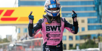 Alexander Dunne (IRE) Rodin Motorsport celebrates his third position in parc ferme. 25.09.2026. FIA Formula 2 Championship, Rd 12, Baku, Azerbaijan, Feature Race 1.