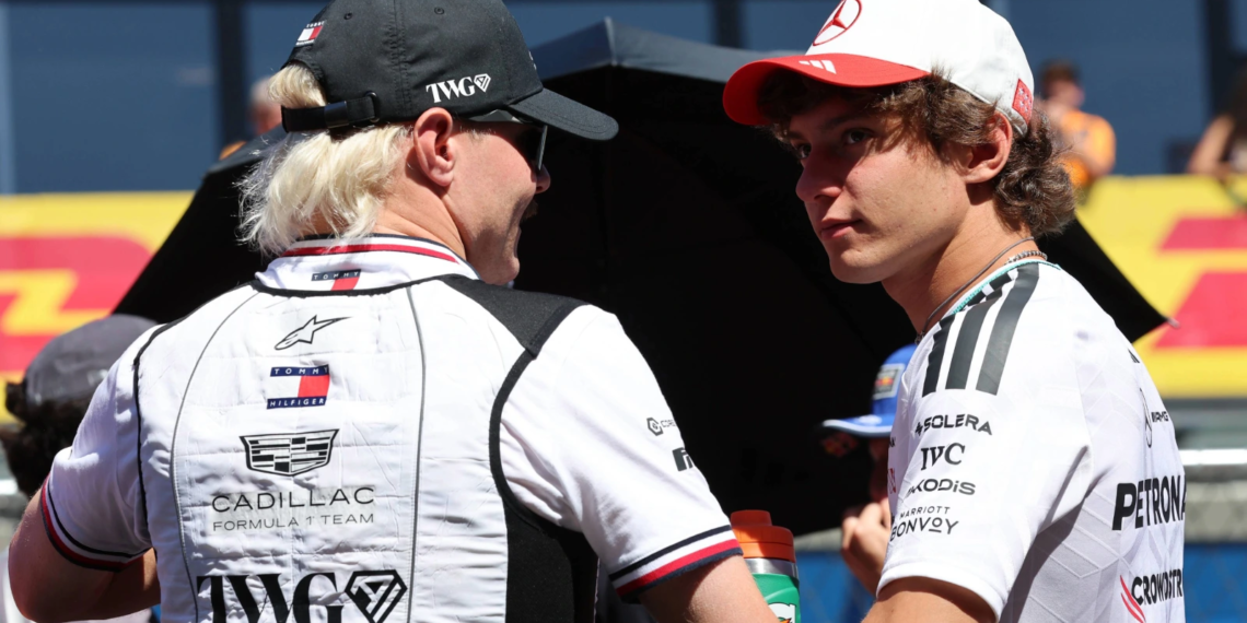 (L to R): Valtteri Bottas (FIN) Cadillac Formula 1 Team with Andrea Kimi Antonelli (ITA) Mercedes AMG Formula One Team on the drivers' parade. 13.09.2026. Formula 1 World Championship, Rd 14, Spanish Grand Prix, Madrid, Spain, Race Day.