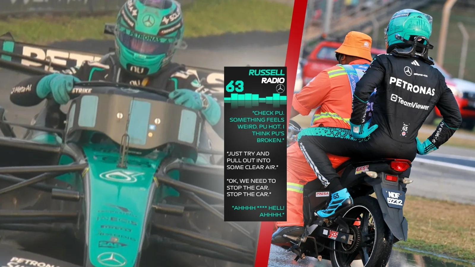 George Russell anguish heard in Sepang F1 DNF radio message