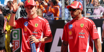 (L to R): Charles Leclerc (MON) Scuderia Ferrari with Lewis Hamilton (GBR) Scuderia Ferrari on the drivers' parade. 13.09.2026. Formula 1 World Championship, Rd 14, Spanish Grand Prix, Madrid, Spain, Race Day.