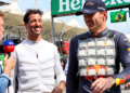 (L to R): Simon Lazenby (GBR) Sky Sports F1 TV Presenter with Daniel Ricciardo (AUS) McLaren and Max Verstappen (NLD) Red Bull Racing on the grid. 13.11.2022. Formula 1 World Championship, Rd 21, Brazilian Grand Prix, Sao Paulo, Brazil, Race Day.