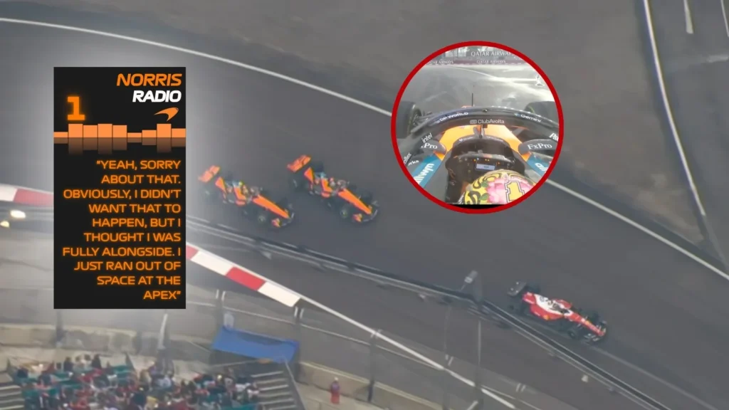 Lando Norris ran out of room as he tried to overtake Oscar Piastri on the final lap of the Sprint in Singapore